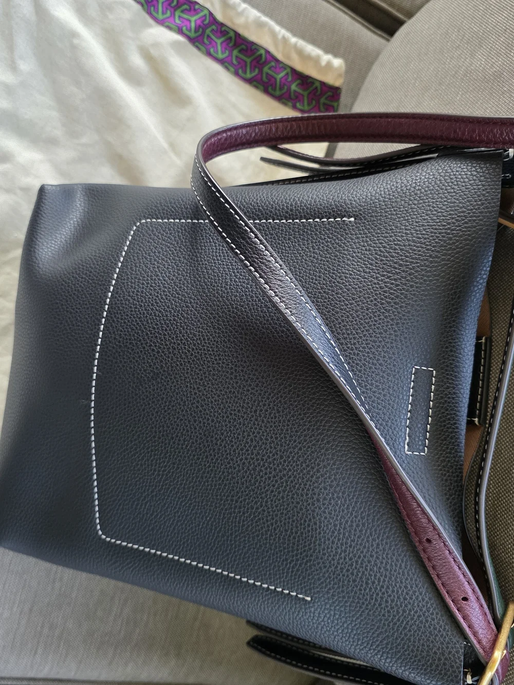 Tory Burch Black Leather Crossbody Bucket Bag with Multicolor Strap